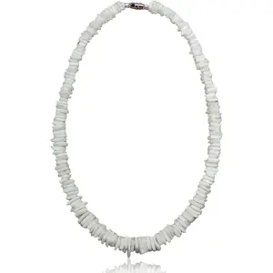 18" Mens and Womens Puka Shell Necklace Philippines Made, White Rose Clam Chips Heishe Shells, Tropical Summer Beach Hawaiian Bohemia Surfer, Stainless Steel  Wire
