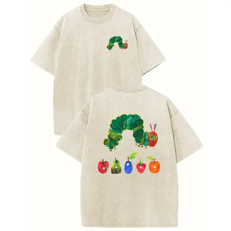 Acid Wash "The Very Hungry Caterpillar" Graphic T-Shirt for Men & Women, Retro Streetwear Top in Heavyweight Silky Cotton, Natural, Joggers, T Shirts, Mens Gifts