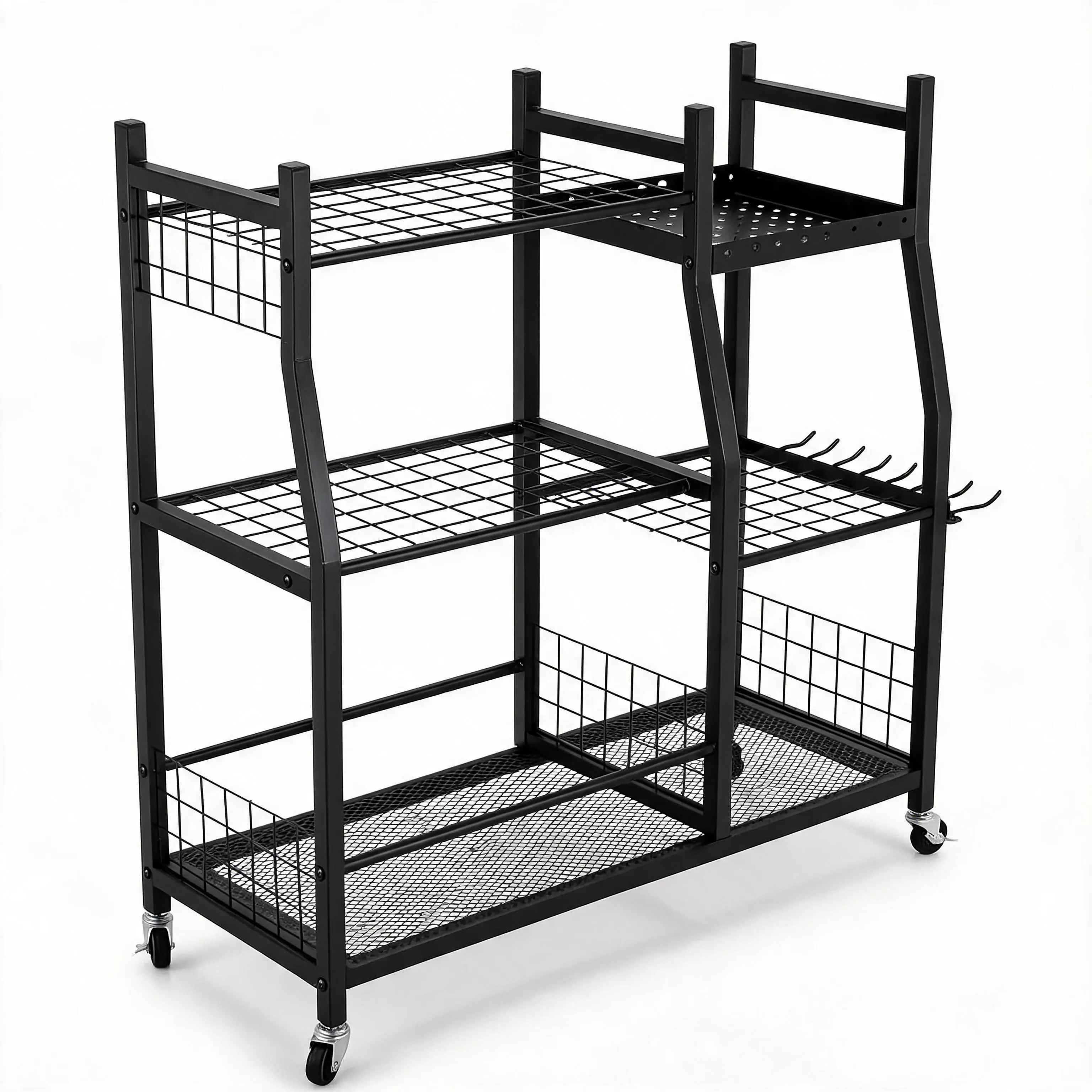 3-Tier Garden Tool Organizer with Wheels, Heavy Duty Storage Rack with Hooks – Yard Tool Stand for Garage, Shed, Patio | Holds Rakes, Shovels, Brooms & More