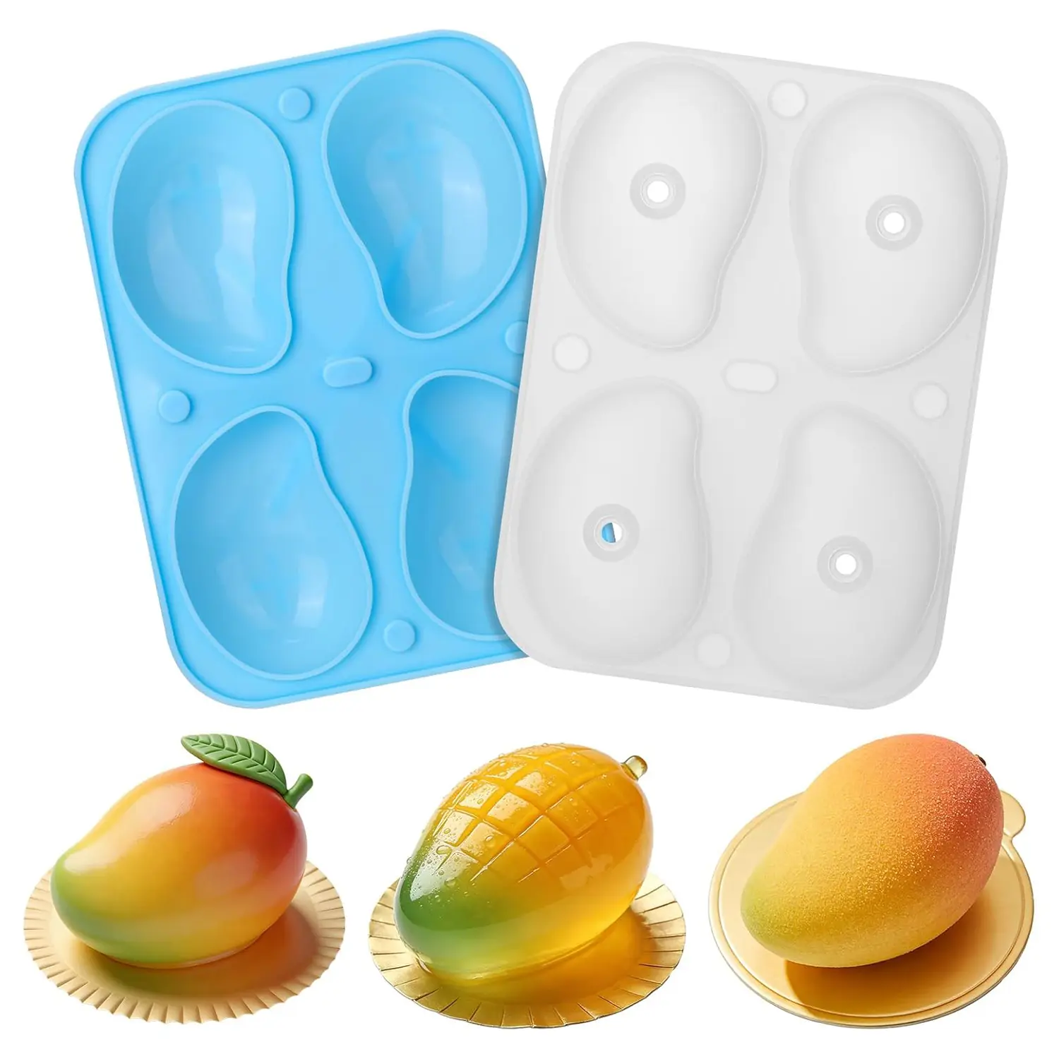 3D Mango Shape Cake Mold, Fruit Pudding Ice Tray Mold, 4 Cavity Fruit Pudding Mango Silicone Molds for Homemade Cake, Jelly, Mousse, Perfect for Home Kitchen, Family Gatherings & Holiday Baking DIY Project, Includes 2 Bonus Funnels
