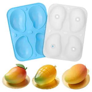 3D Mango Shape Cake Mold, Fruit Pudding Ice Tray Mold, 4 Cavity Fruit Pudding Mango Silicone Molds for Homemade Cake, Jelly, Mousse, Perfect for Home Kitchen, Family Gatherings & Holiday Baking DIY Project, Includes 2 Bonus Funnels
