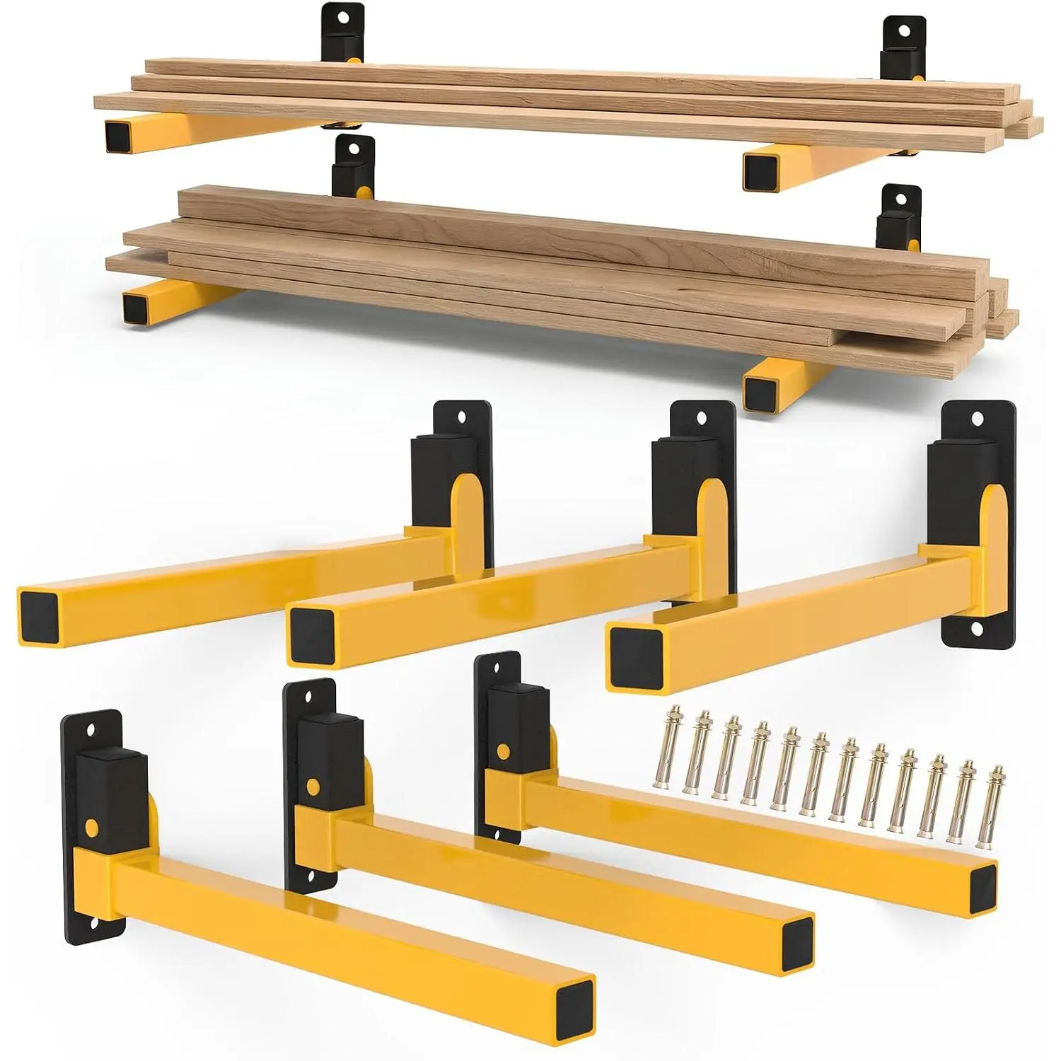Lumber Storage Rack Heavy Duty Wall Mount Storage Shelves Sturdy Garage Shelving Freestanding Metal Firewood Rack DIY friendly Wall Storage for Indoor & Outdoor (6 PACK Lumber Rack)