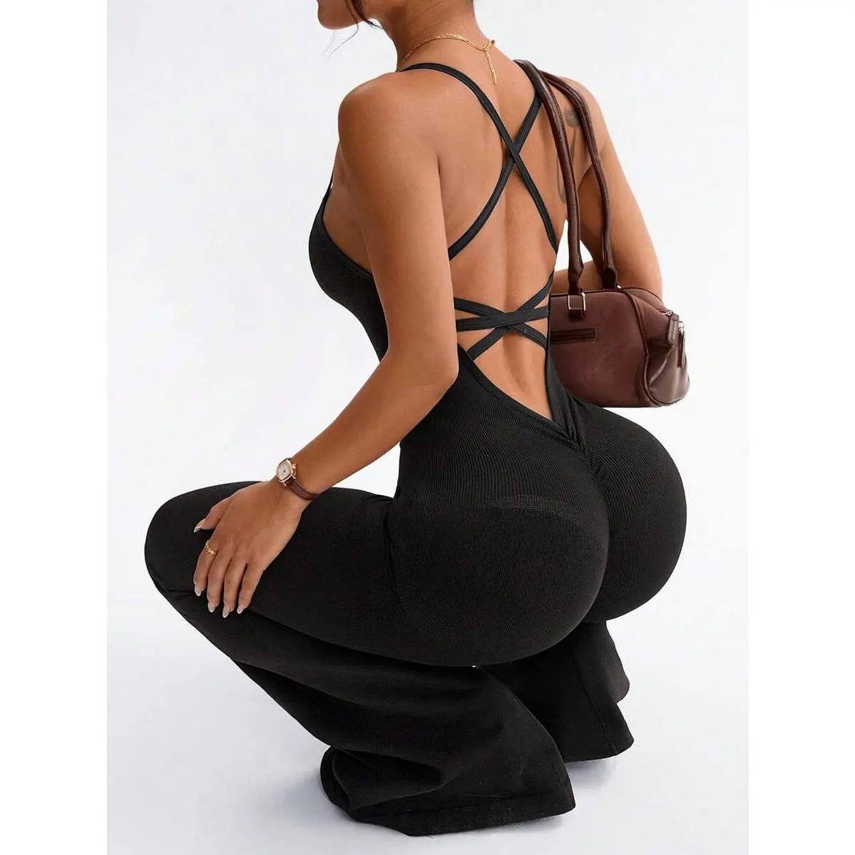 1pc Women's Seamless Backless Criss-Waist V-Neck Jumpsuit Running, Fitness, Yoga, Dance, Leotard,Padded,Tummy,Control