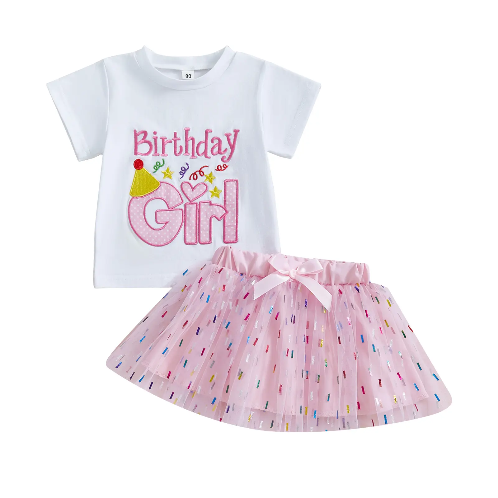 Baby Toddler Girl Birthday Outfit Letter Embroidery Short Sleeve T-Shirt Glitter Tulle Skirt 2 Pcs Cake Smash Skirt Set 6M-5Y