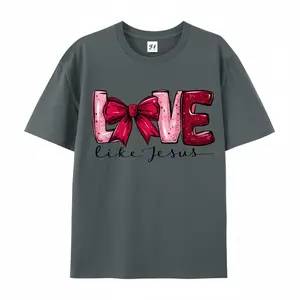 Women's Retro Sweet Christian 'LOVE like Jesus' Glitter LOVE & Bow Graphic Short Sleeve Tee - Oversized 100% Cotton Charcoal Base Casual Shirt