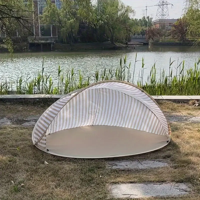 [Portable Beach Tent] Portable Double Quick-Set Beach Tent Canopy |     No Assembly Required, Beige Striped Design, Essential for All-Season Camping, Picnics & Holidays, Easy Setup