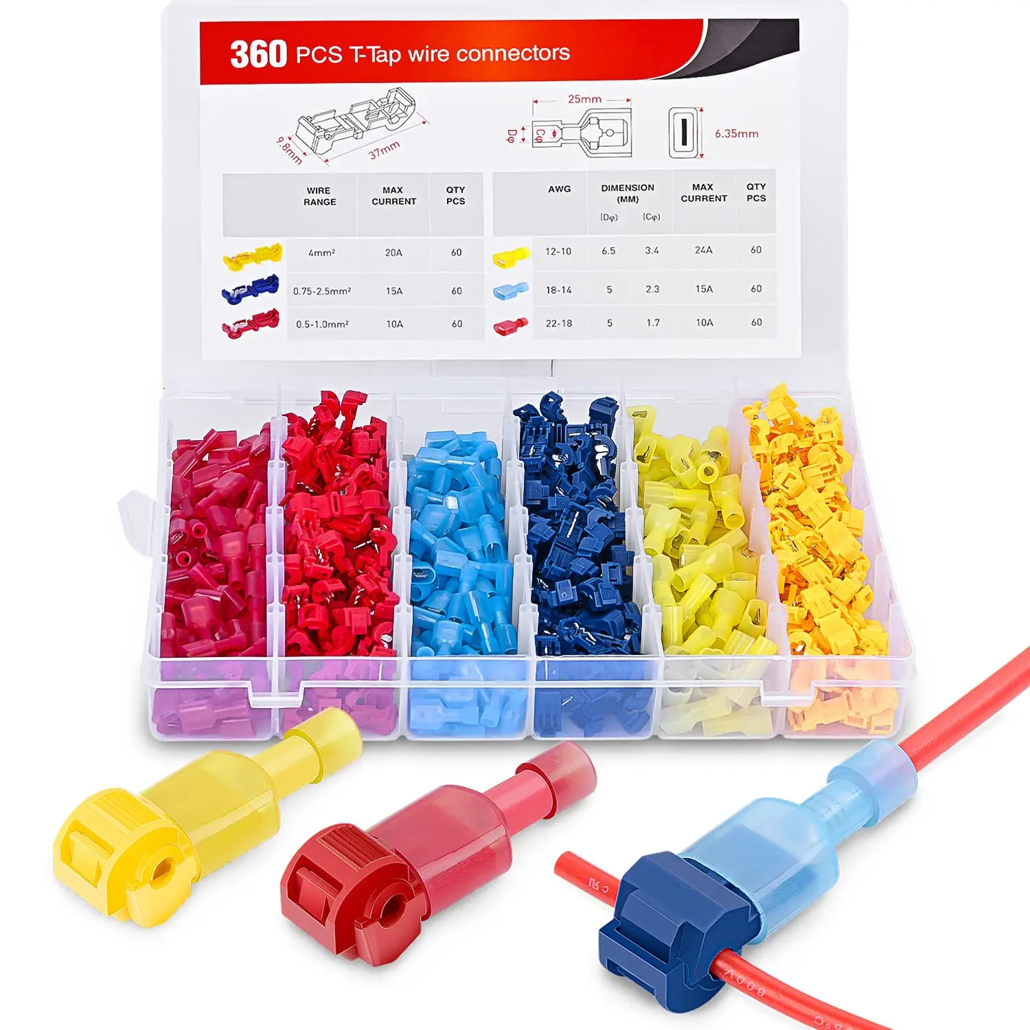 Nilight 360/480 PCS T-Tap Wire Connectors Self-Stripping Quick Splice Electrical Wire Terminals Insulated Male Quick Disconnect Spade Terminals Assortment Kit with Storage Case