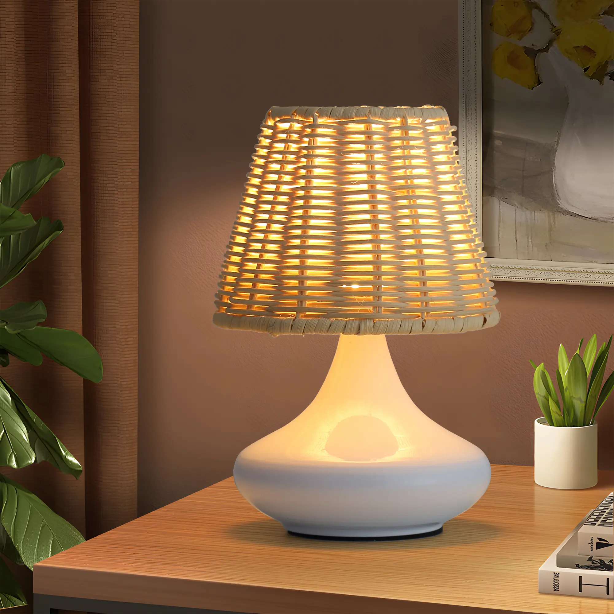 ARCH White Handmade Craft Woven Bamboo Table Lamp - Dimmable Indoor LED Lights with Iron Base, 3 Color Temperatures (Warm/Cool/Neutral), Bedside Reading Lamp for Living Room Bedroom Decor