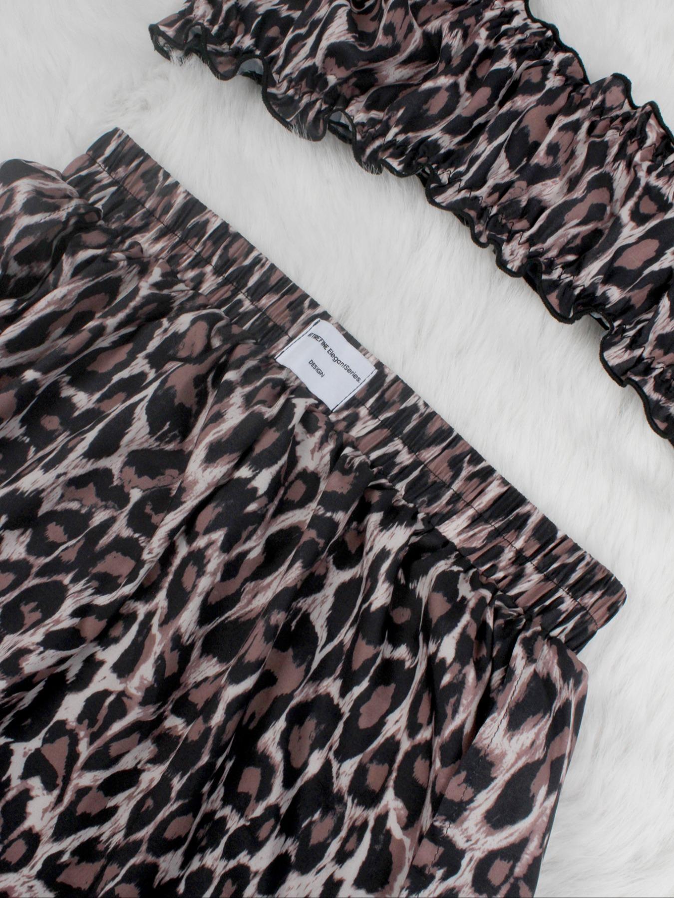 Women's Leopard Print Crop Top & Shorts Pajama Two-Piece Set, Casual Comfortable Loungewear Set for Women, Women's Sleepwear for Summer