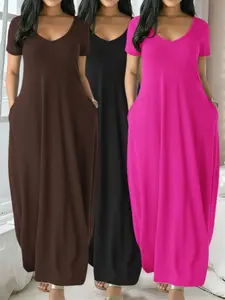 Women's Long Dress 2026, Coffee Color Casual Round Neck Short Sleeve Pockets Sleepwear, Soft Comfortable All-Season Dress