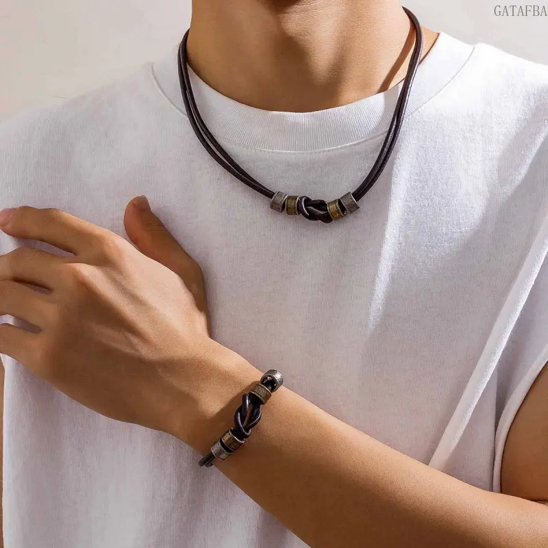 Men's European Minimalist Leather Knotted Circle Beaded Choker Necklace, High-End Niche Hip Hop Jewelry for Daily Street Wear, All Seasons Sport & Outdoor Outfit Accessory, Chocker Necklace