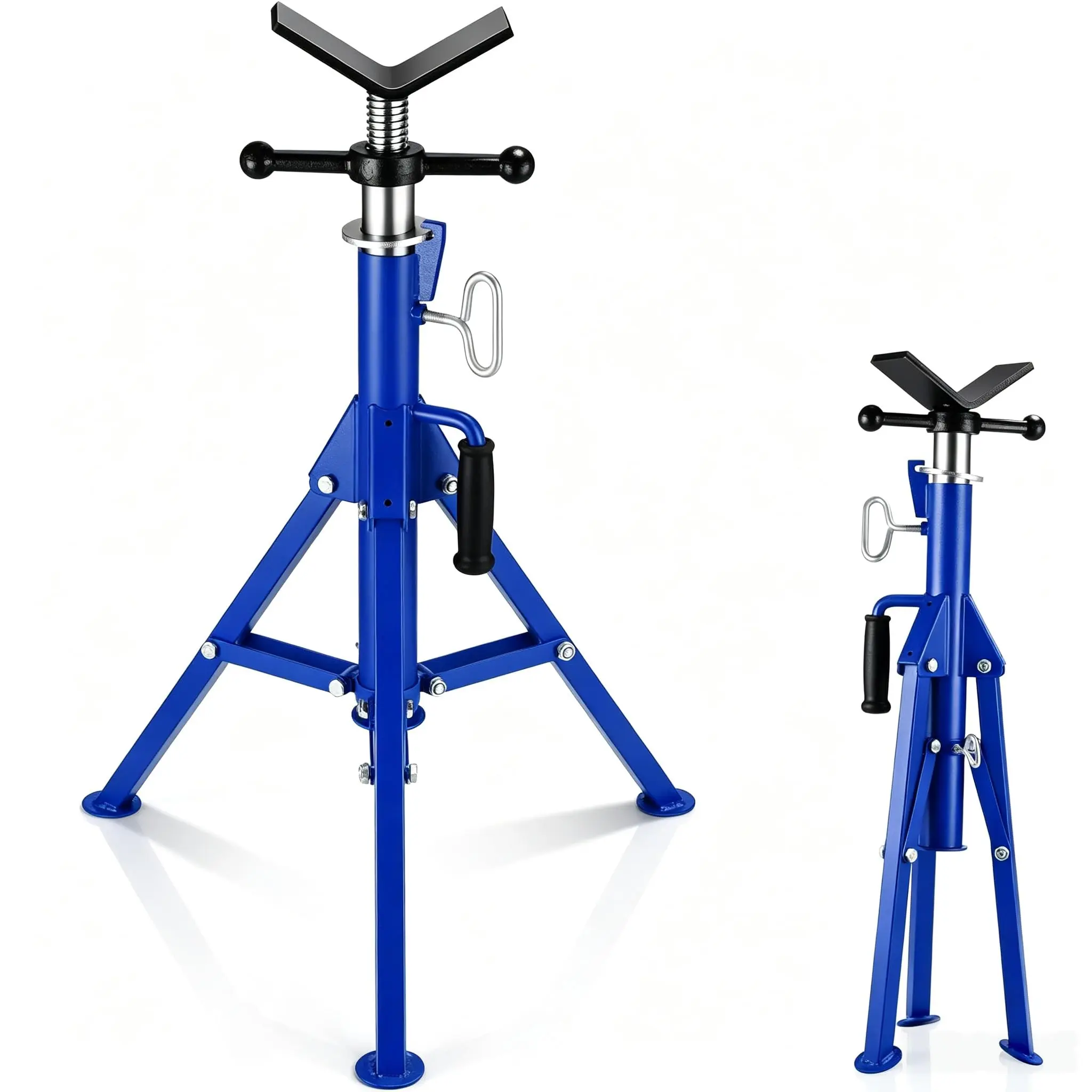 Adjustable V-Head Pipe Jack Stand with Portable Folding Legs, Steel Construction, Supports 1/8 to 12 Inch Pipes, Height Adjustable 28-52 Inches, 2500LB Capacity for Welding and Construction