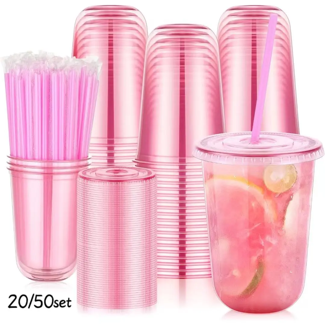 20/50 Set Transparent Round Bottom Plastic Clear Cups with Lids and Straws, Cute Disposable Drinking Coffee Cups, 16oz, Party Supplies