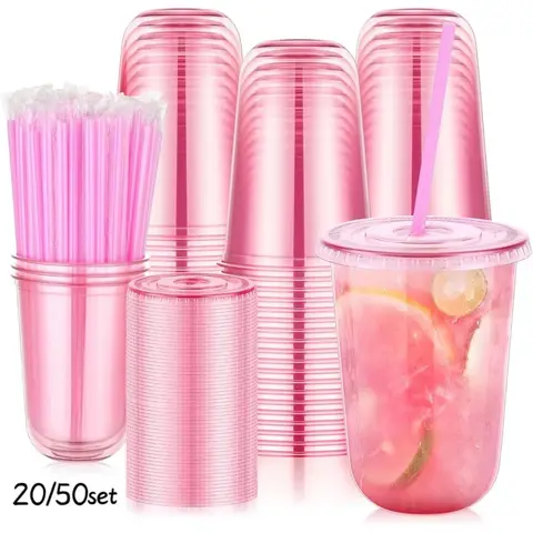 20/50 SetOptions Transparent Round Bottom Disposable Plastic Cups with Lids and Straws, 16oz Cute Drinking Coffee Cups, Beverage Cups, Party Supplies