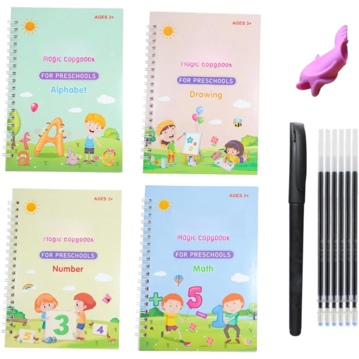 's Magic Copybooks -  Grooved Writing Books for  - Handwriting Practice Workbooks, Calligraphy Learning Kit & Tracing Tools Set, 4 Books with Pen & Ink Refills (Ages 3-8)