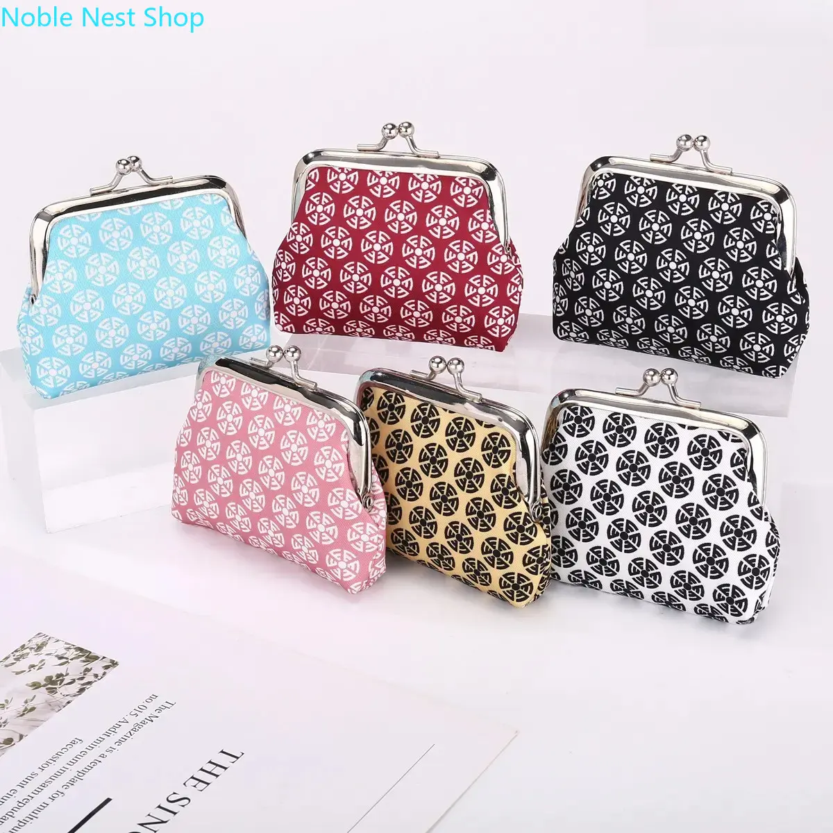 Vintage Traditional Geometric Coin Pattern Kiss Lock Coin Purse for Women, Retro Fabric Clasp Small Wallet Mini Change Pouch Card Holder Daily