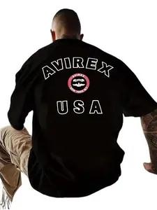 Avirex Usa Back Arc Flight Badge Print T-Shirt, Vintage Military Style Streetwear, Short Sleeve, Casual Top for All Seasons