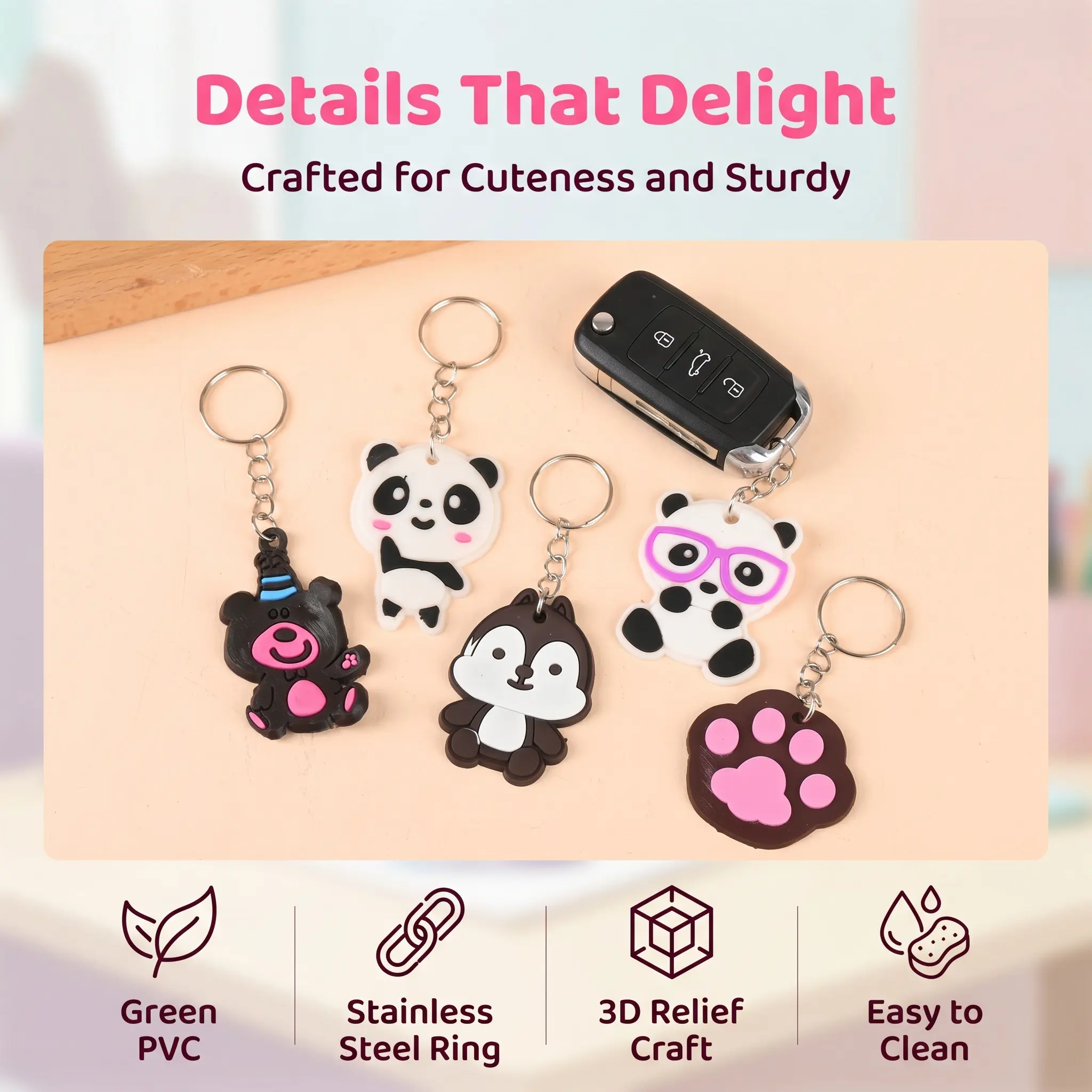 Cute Keychain Accessory - PVC Soft Rubber Cartoon Silicone Keyring, Fun Daily Gift for Bags & Keys (Keychain Included)