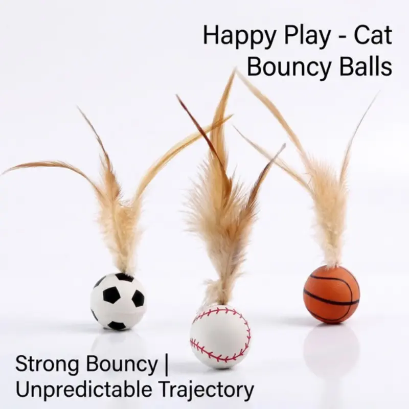 Cat Interactive Bounce Ball with Feathers, Rubber Material, Attracts Cat Attention, Easy to Throw and Bounce, Fun Pet Toy