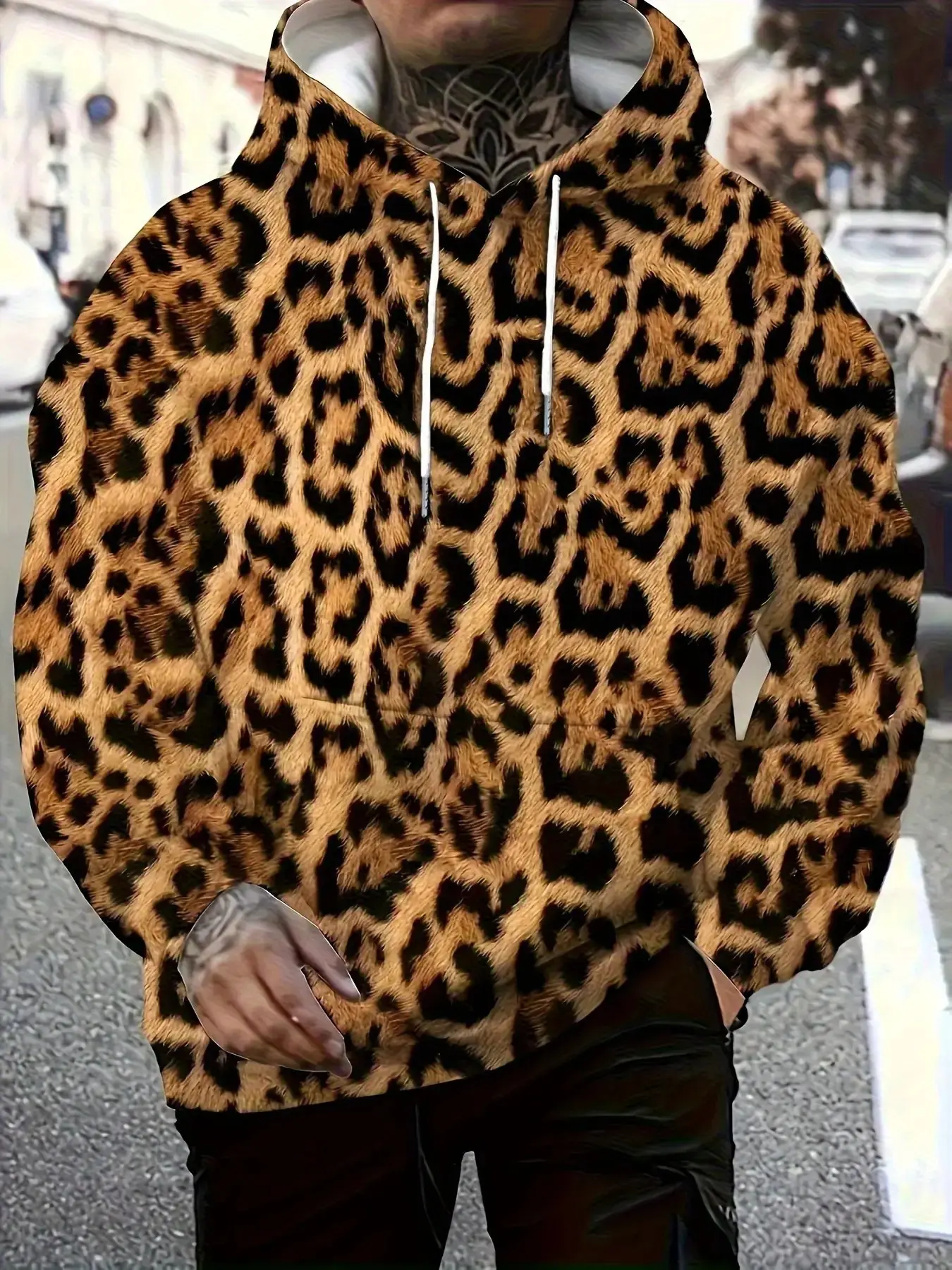 Vintage Leopard Print Men's Hoodie, Drawstring Large Pockets, Loose Fit, Street Style, 3D Full Print, Fall Winter Casual Top