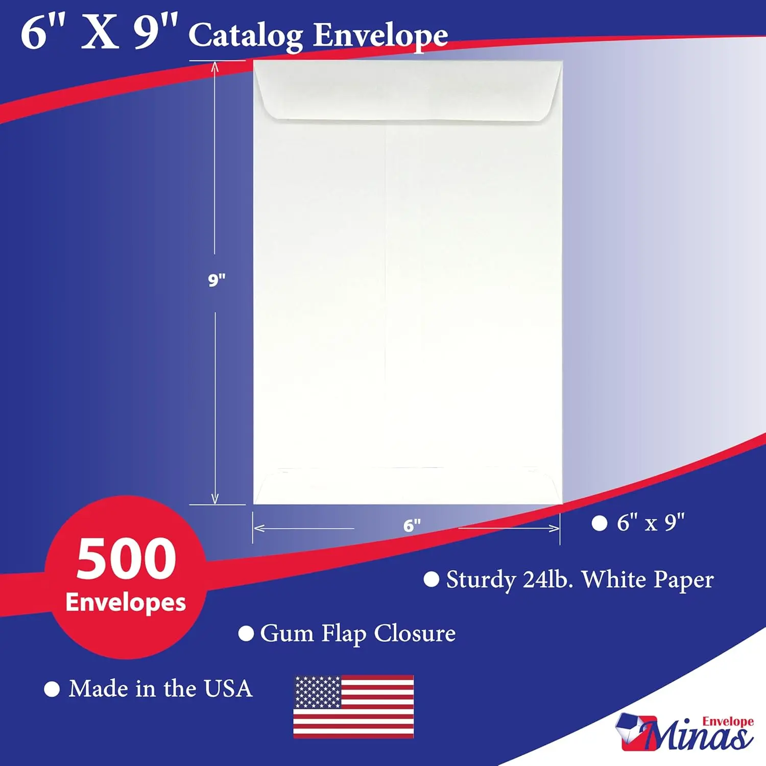 6x9 Catalog Envelopes, Open End with Gummed Seal, 24lb White Paper, Ideal for Catalogs, Presentations and Newsletters, 500 Count