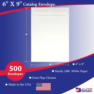 6x9 Catalog Envelopes, Open End with Gummed Seal, 24lb White Paper, Ideal for Catalogs, Presentations and Newsletters, 500 Count