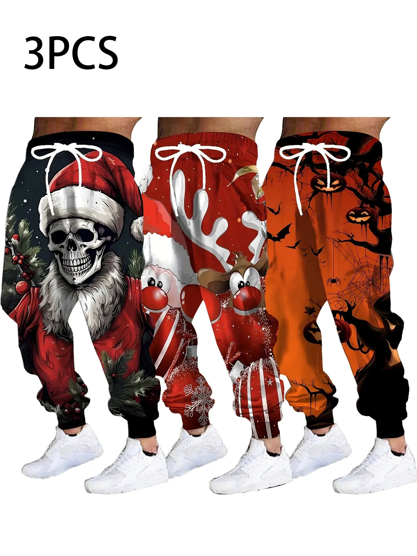 3 Pcs Men's Christmas Halloween Theme Printed Sweatpants, Loose-Fit Ankle-Length Casual Pants, Fall & Winter Fashion