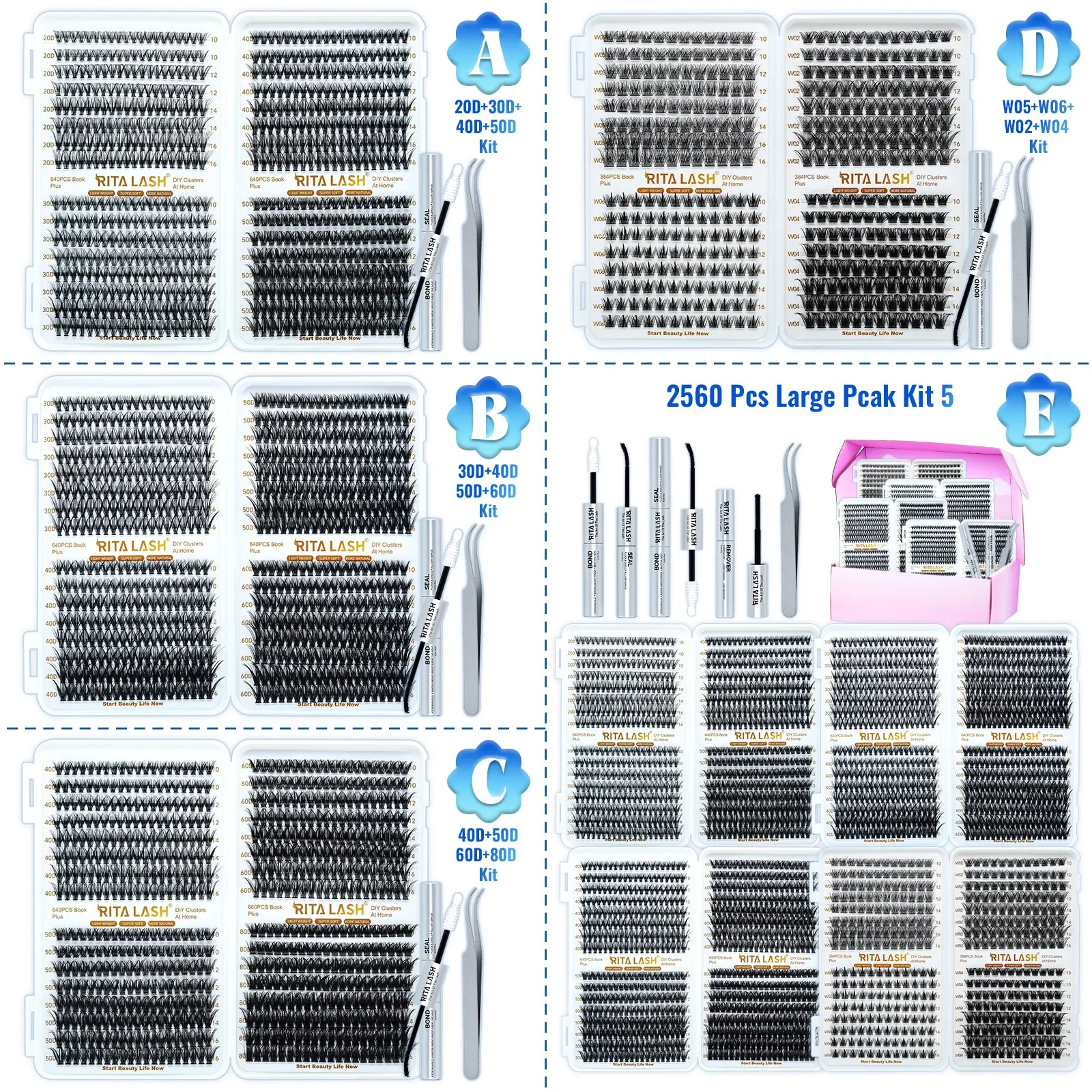 RITA 2560/640PCS Lash Clusters Kit 20D+30D+40D+50D+60D+80D+W05+W06+W02+W04 Thick Cluster Eyelash Extensions 10-16mm Lash Clusters Individual Lash Extensions DIY Clusters Lashes Extension at Home with Bond and Seal Tweezers