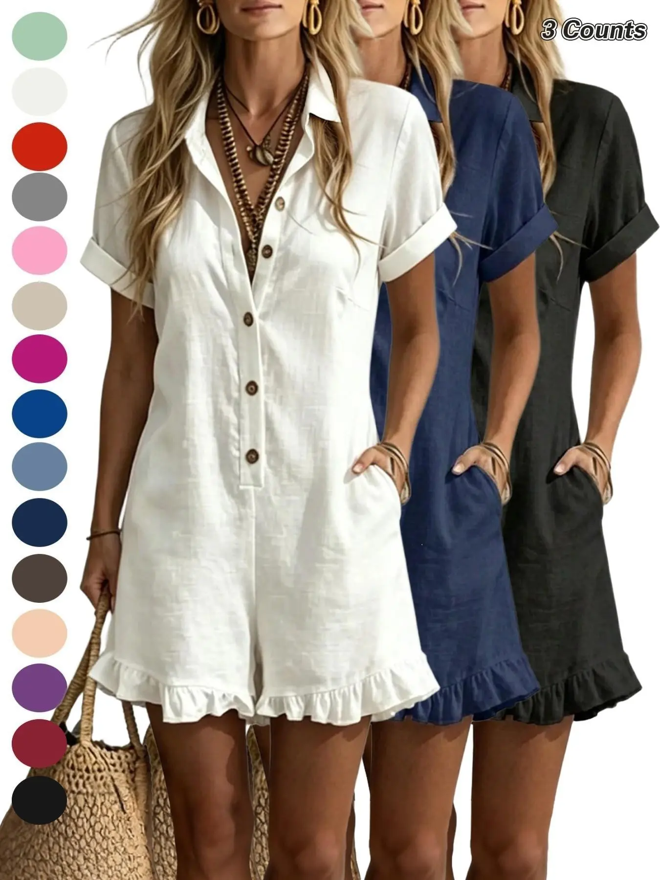 New Women's Plain Collar Loose-Fit Slimming Breathable Ruffle One-Piece Shorts, Casual All-Season Dress, 1/3pcs Set, Batch 202607