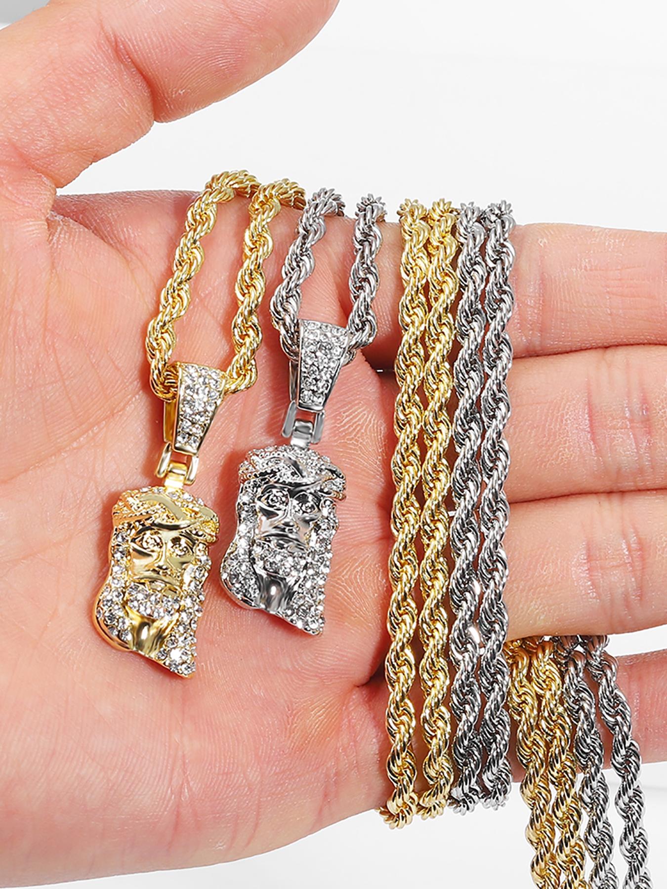 Jesus Head Pendant Necklace, Rhinestone Decor Cuban Link Chain Necklace, Fashion Jewelry for Party, Daily Clothing Decor, Trendy All-match & Exquisite Jewelry for Birthday Gift