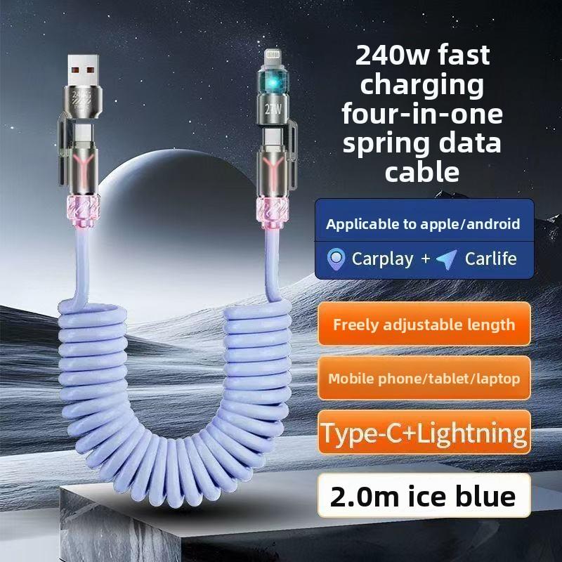 240W Super Fast Charging 4 in 1 Spring Car Charging Cable Compatible with Apple Huawei USB C Lightning USB A Car Data Cable for Phone magnetic mount