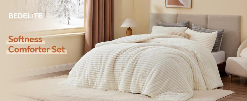 BEDELITE Flannel Comforter Set Super Soft & Warm Fluffy Pink Valentine's Day gift - Elegant Striped Design for Winter - Twin/Queen/King Sizes Machine Washable
