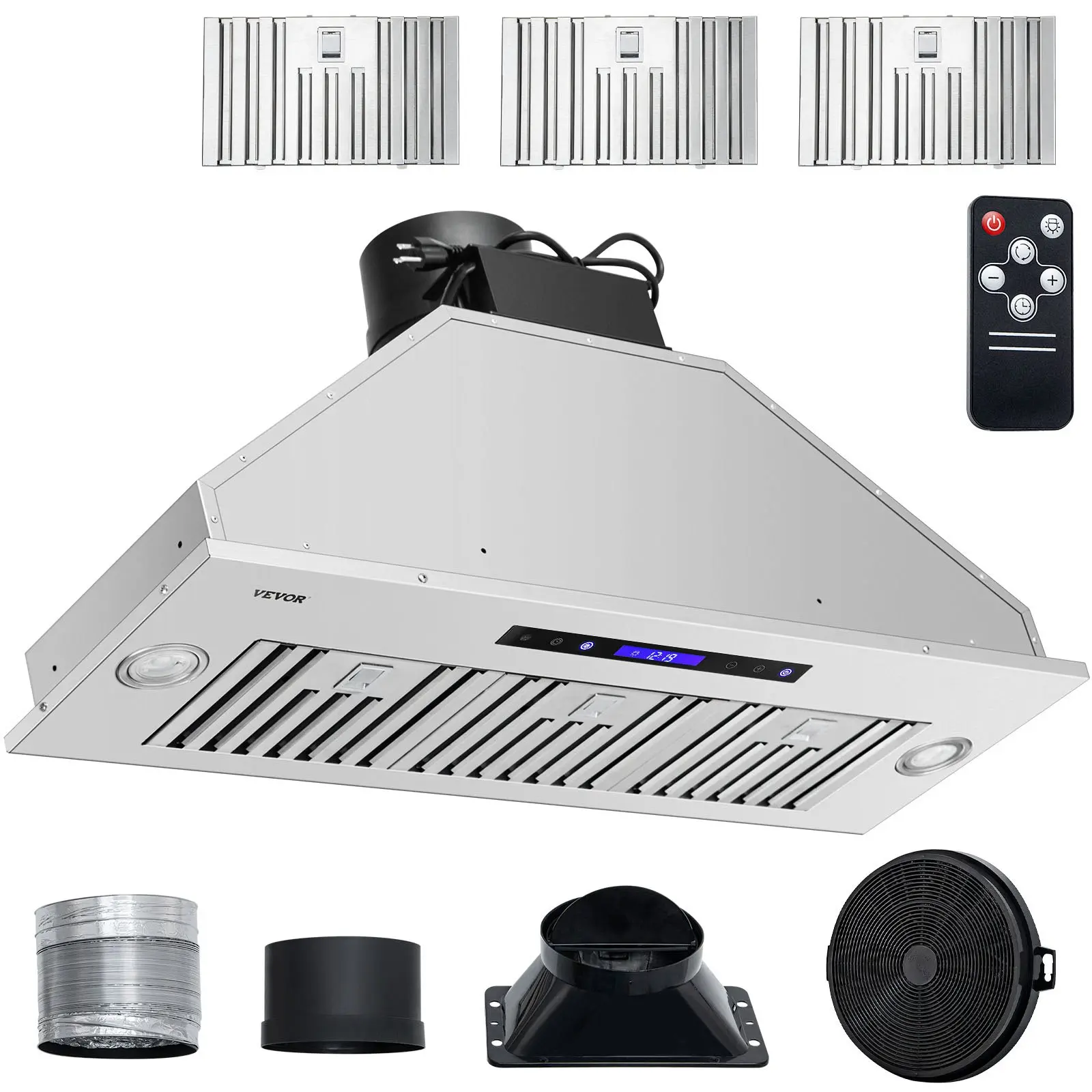 VEVOR 36-in Stainless Steel Kitchen Insert Range Hood, 900CFM 4-Speed, 135W, Touch Remote Control, LED Lights, Baffle Grease & Charcoal Filters, Ducted/Ductless Convertible, ETL Listed, 30-Day Free Returns