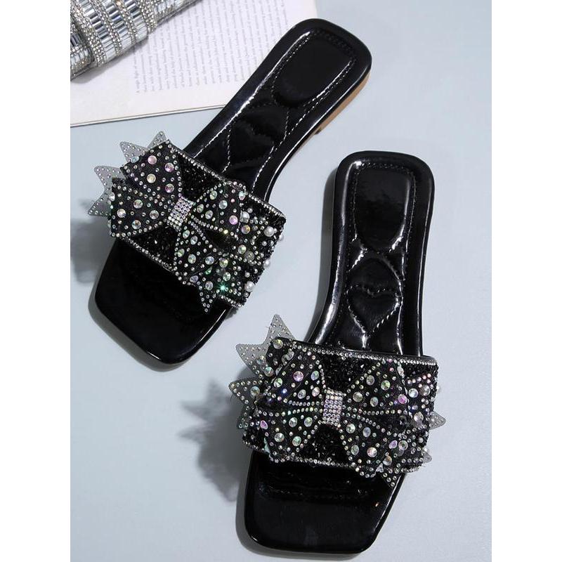 (New)Women's Rhinestone Decorated Bowknot Design Slides, Casual Comfortable Square Toe Slippers for Summer, Fashionable Slides for Indoor & Outdoor Wear, Shoe
