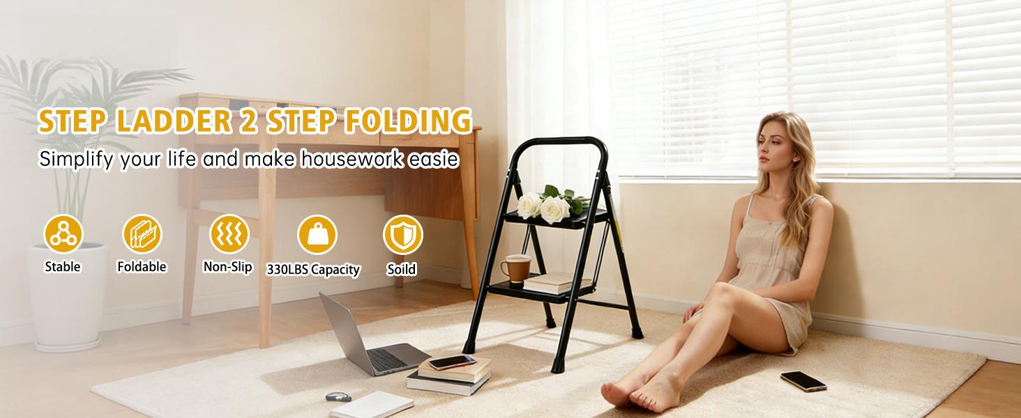 2 Step Ladder, Step Stool with Wide Anti-Slip Pedal, 330 lbs Capacity,Step Ladder Folding Step Stool for Adults, Lightweight Steel Portable ladders for Home Kitchen & Office,Black