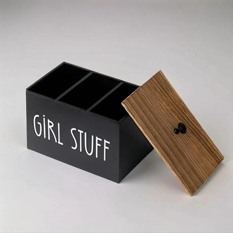 Wooden Storage Box with Lid, 1 Count Creative Letter Pattern Storage Box with 3 Compartments, bathroom accessories storage, Home Organizer for Bathroom, Living Room, Bedroom