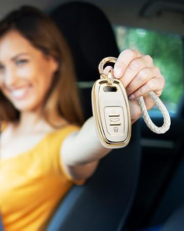 for Audi Key Fob Cover with Luxury Diamond Bling Braided Rope Keychain, Upgraded Soft Key Case for A3-A8 Q5 Q8 R8 RS4-RS7 S4-S8 SQ5 Key Fob Shell (Gold Edge Bling,B)