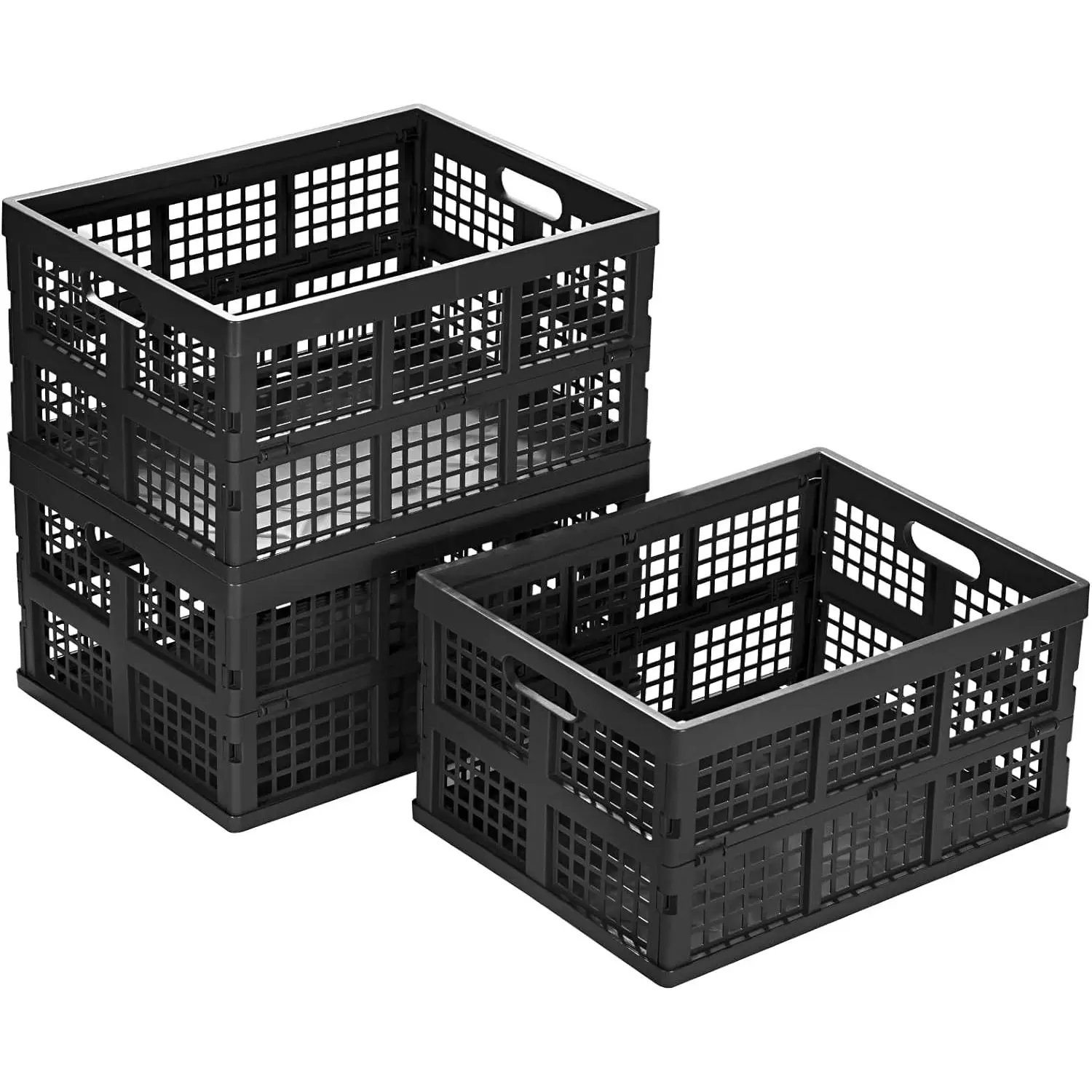 34L Large Plastic Folding Storage Crates, Collapsible Storage Crates, 3-Pack (Black)