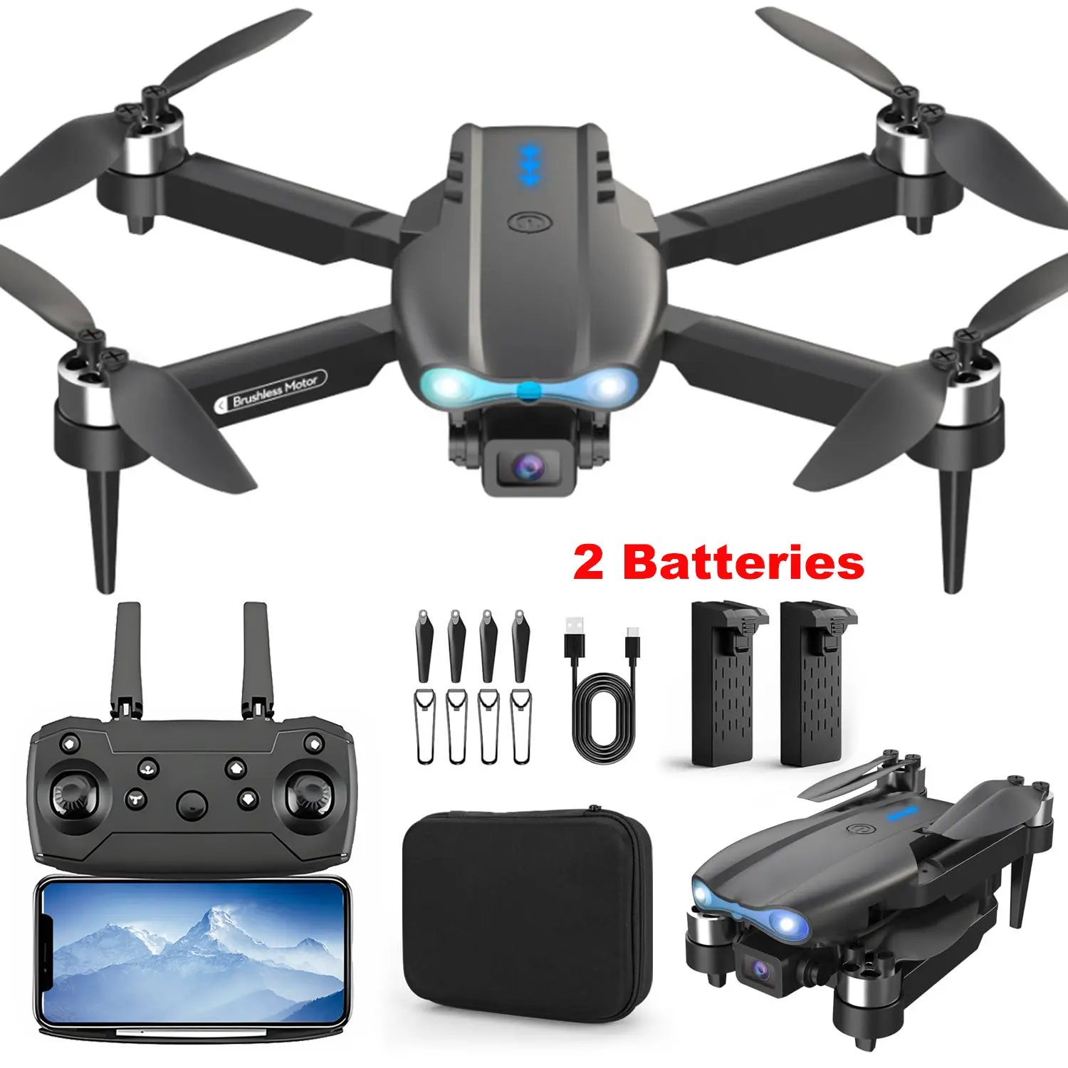 E99 PRO MAX Drone with 4K Dual Camera, 2 Batteries, Obstacle Avoidance, 1-Hour Return-to-Home, LED Lights, Foldable Quadcopter, Spare Propellers & Tools