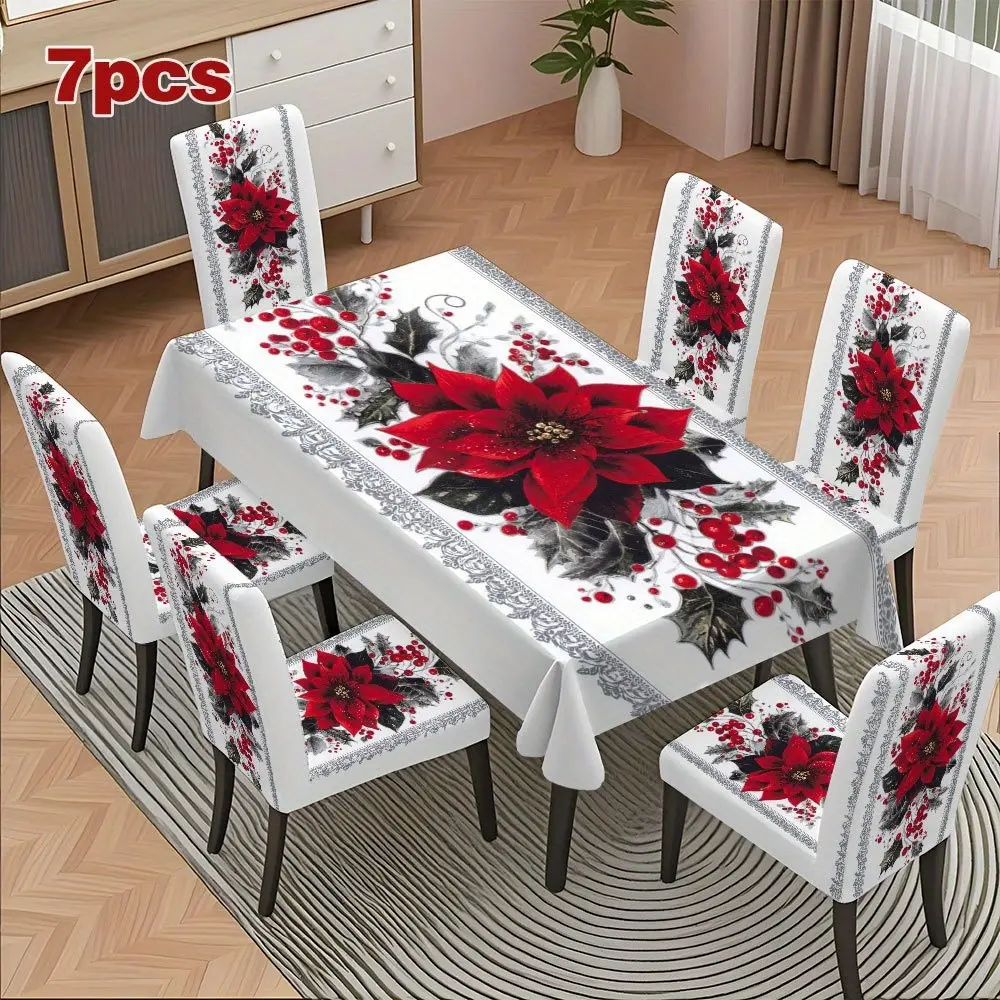 Christmas Egg Flower Art Print Tablecloth and Chair Covers Set, Detachable, High Elasticity, Washable, Indoor Home Decor
