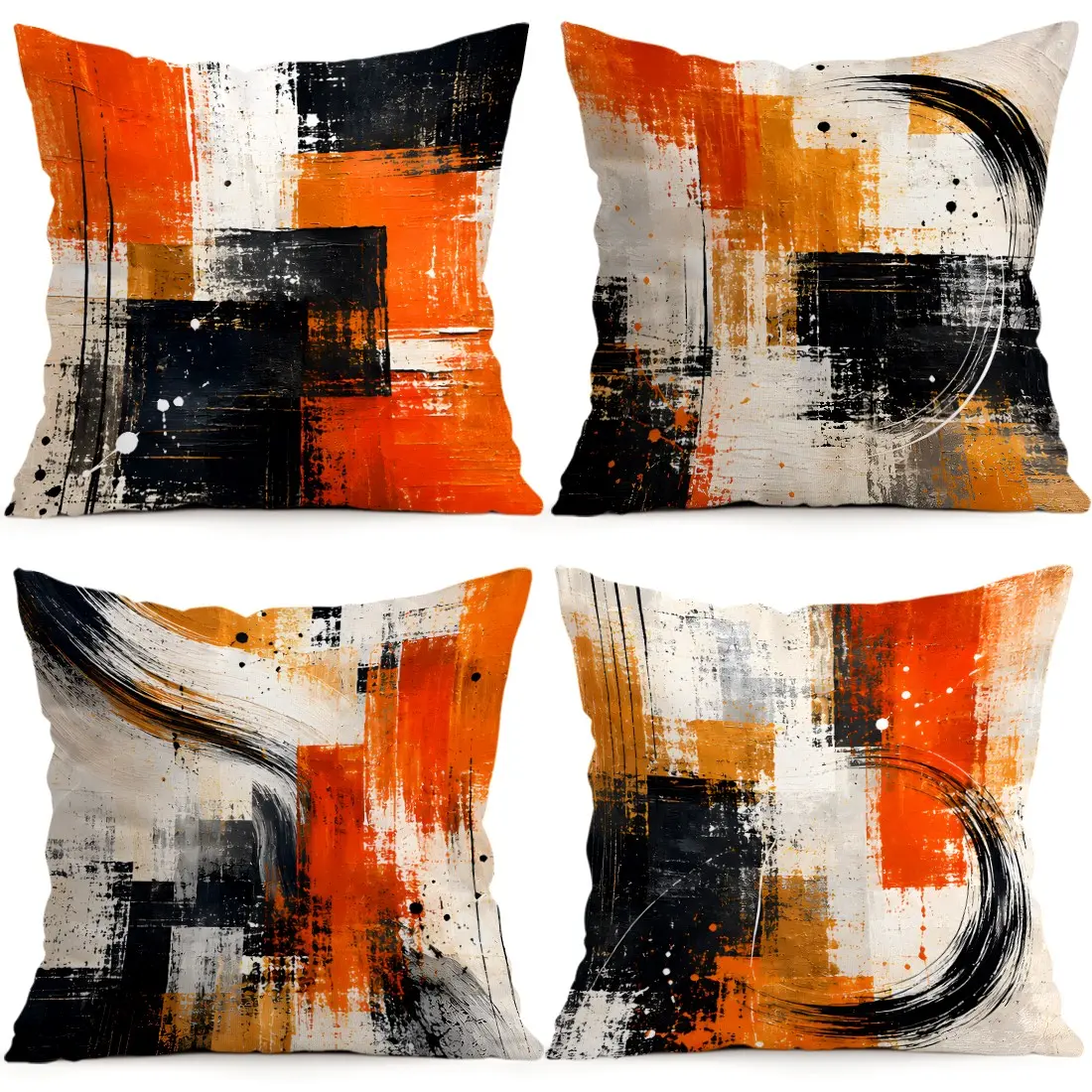 4pcs Orange Black Abstract Art Cushion Covers, Ink Splash Design, Single Side Print, Home Decor for Living Room Bedroom, All Seasons