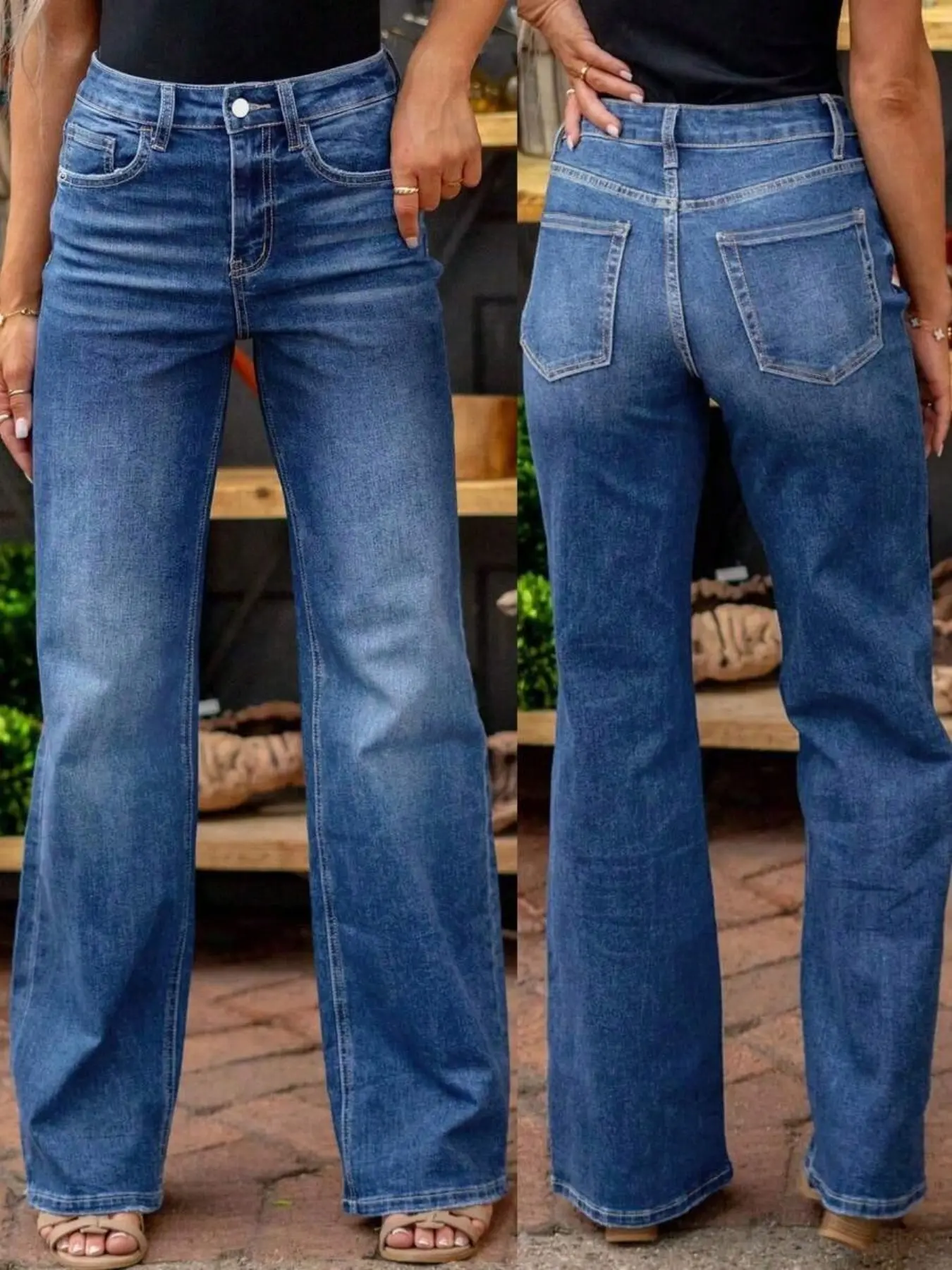 Women's Elastic Washed Denim Straight-Leg Jeans - Vintage Washed Dark Blue Denim, Machine Washable Casual Pants For All-Season Versatile Style,Winter, Christmas And New Year Matching Spring, All-Season Style