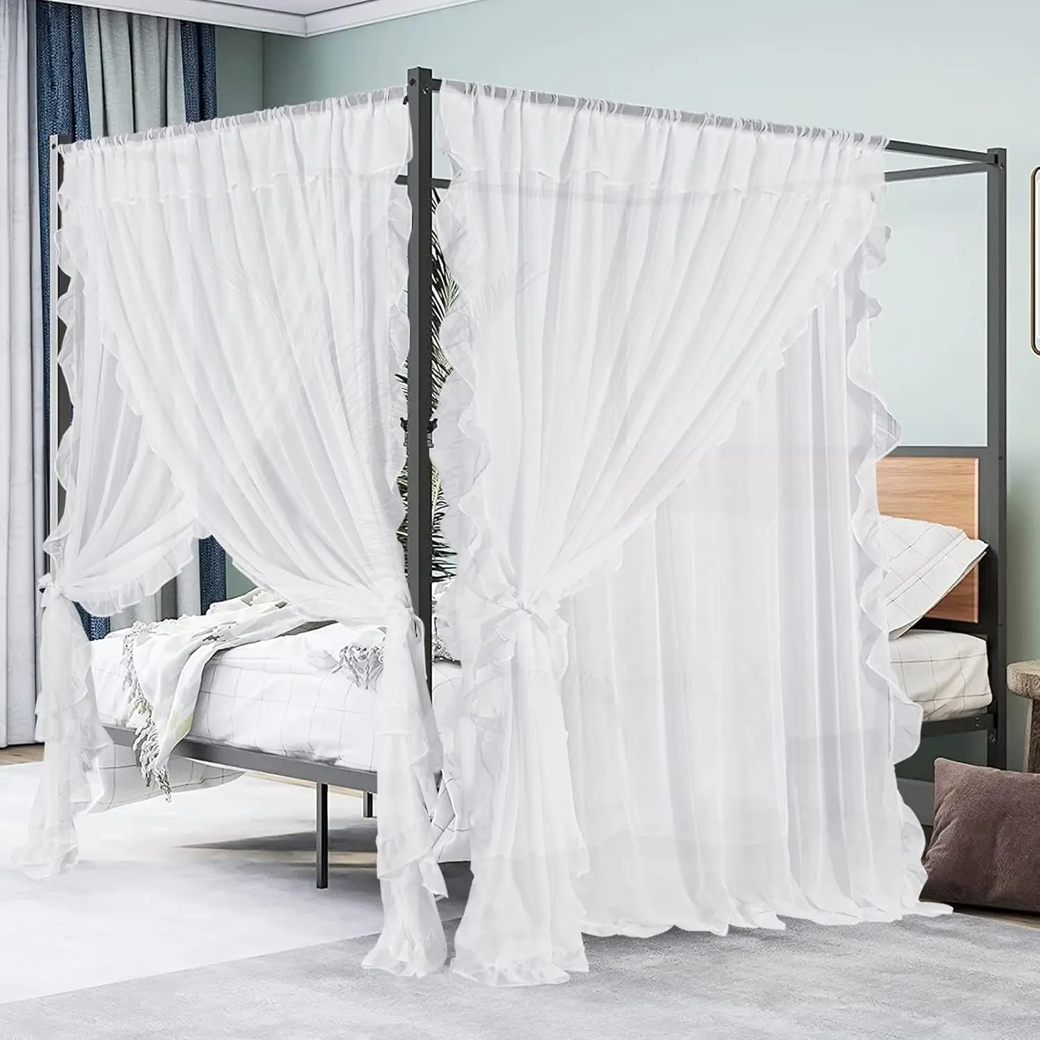 White Voile Sheer Ruffle Room Decor Curtain - 1 Piece Double Layer/2-Layer Rod-Pocket Shabby Chic Curtain with 2 Bonus Tie Backs for Bedroom/Bedway, W100 x L84, Double Layer Curtains