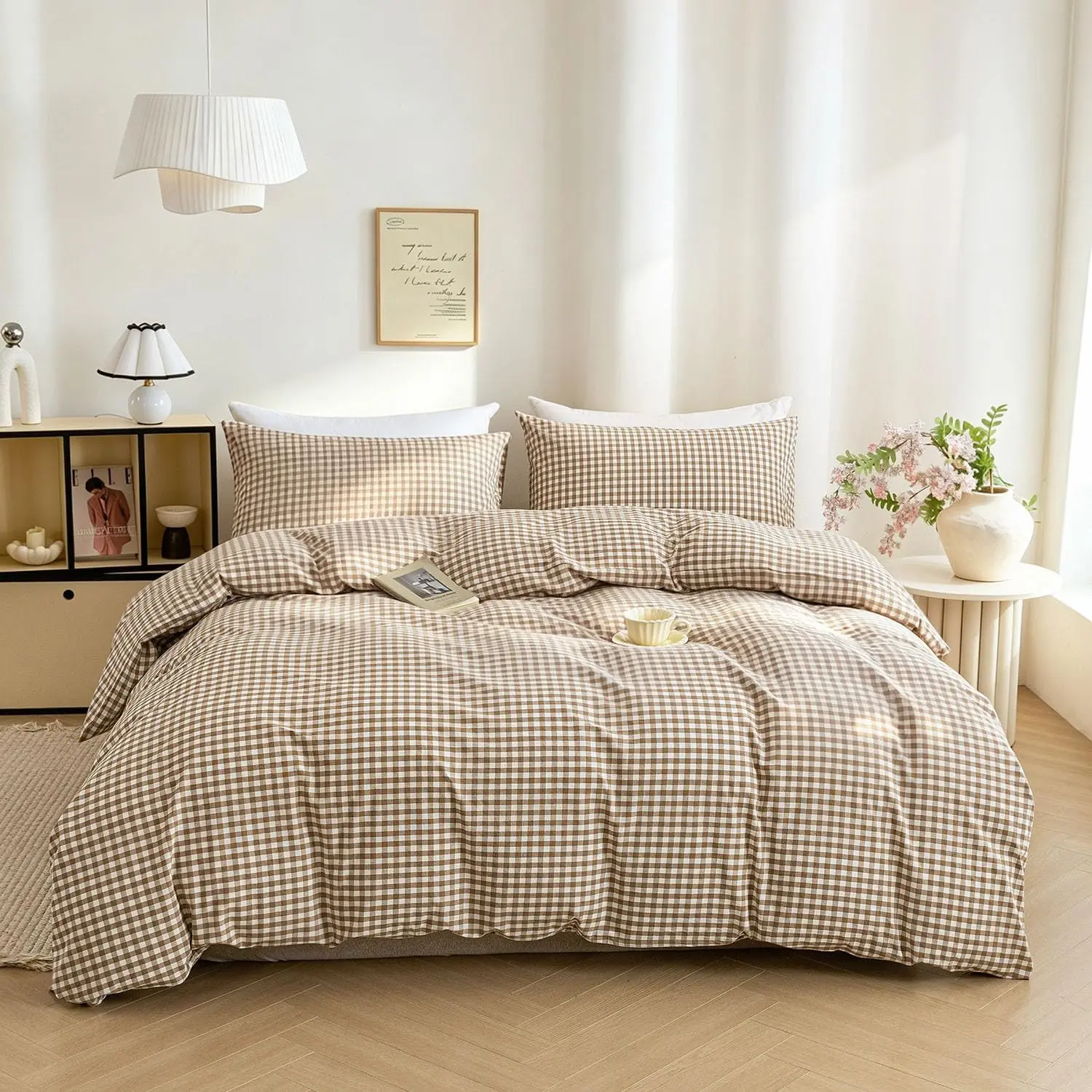Tan Gingham Duvet Cover King 100% Washed Cotton Beige Brown Plaid Checkered Duvet Cover Set Vintage 3 Piece Grid Bedding Set with Zipper Closure Corner Ties,Durable,Breathable,Easy Care