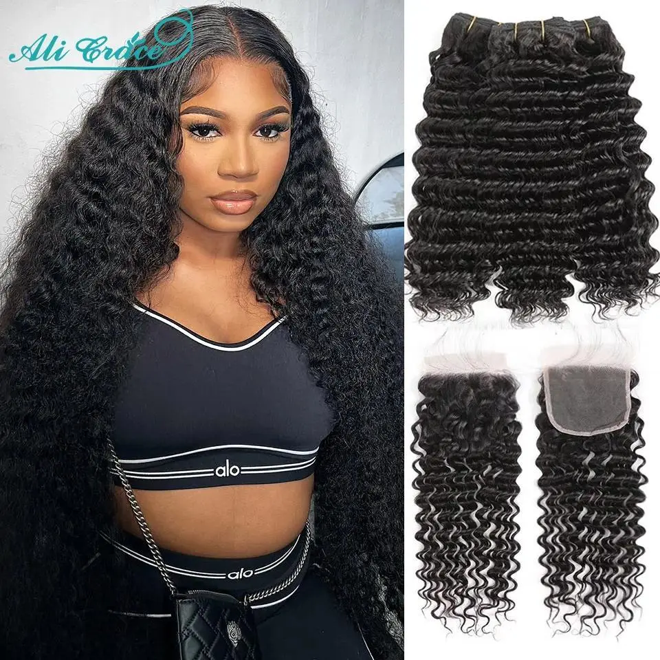 AliGrace 100% Remy Human Deep Wave Hair 3-Piece Bundles with 4x4 Lace Closure, DIY Specialty Craft Supply, 3 Bundles With 4X4 Lace Closure