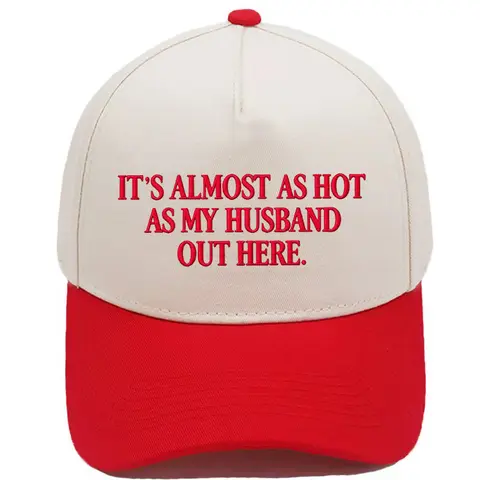 Women's Embroidered Cotton-Poly Cap - "Almost As Hot As My Husband" Raised Letters Add Boutique Texture, 2-Tone Retro Snapback, Camo Graphic, Caps With Designs, Cool Hat, High-Impact Look, Casual Sports Outdoor Gift