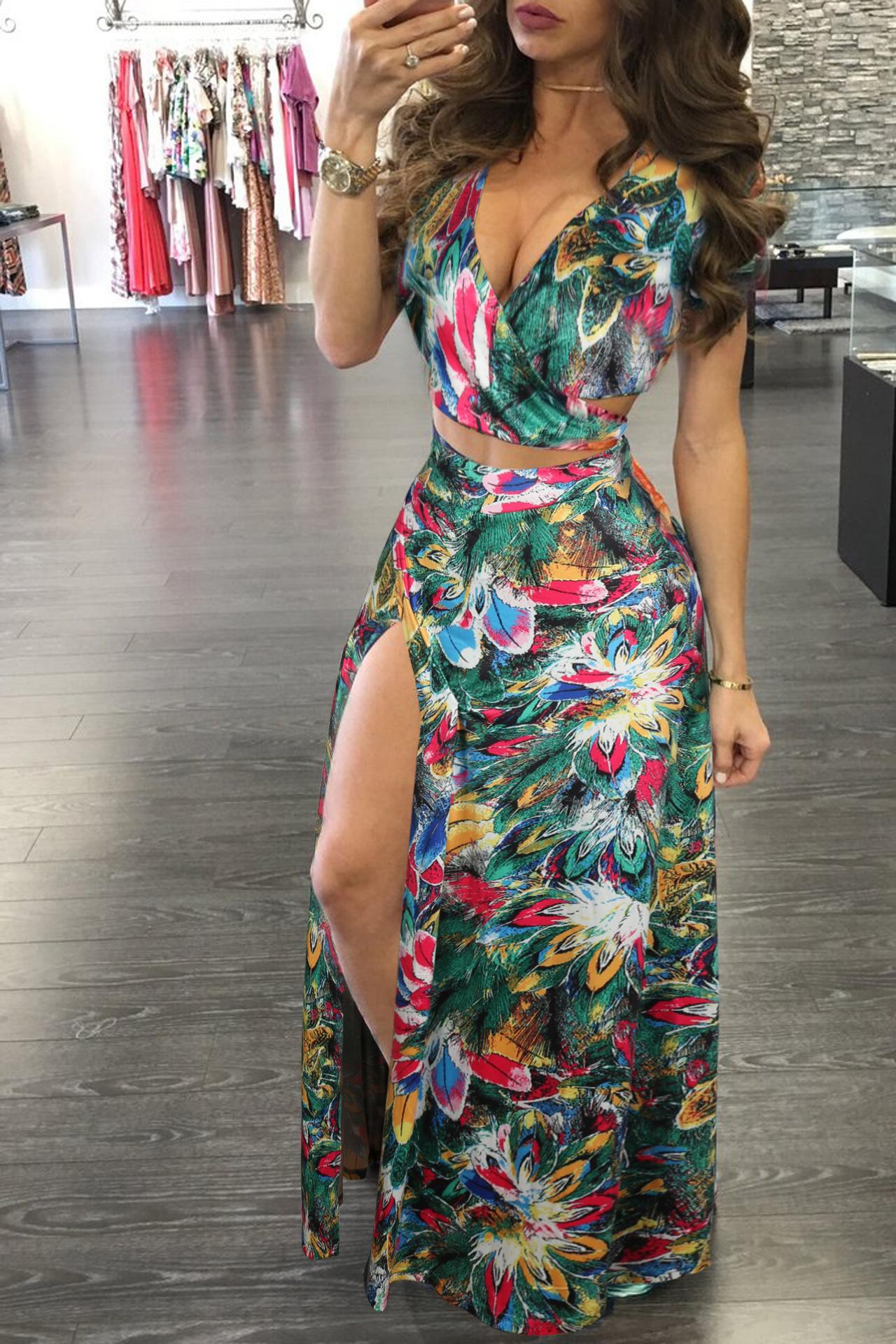 Women Floral Two Piece Maxi Dress Set Summer Vacation Outfits High Slit Long Skirt and V Neck Crop Top Sexy Beachwear Matching Set