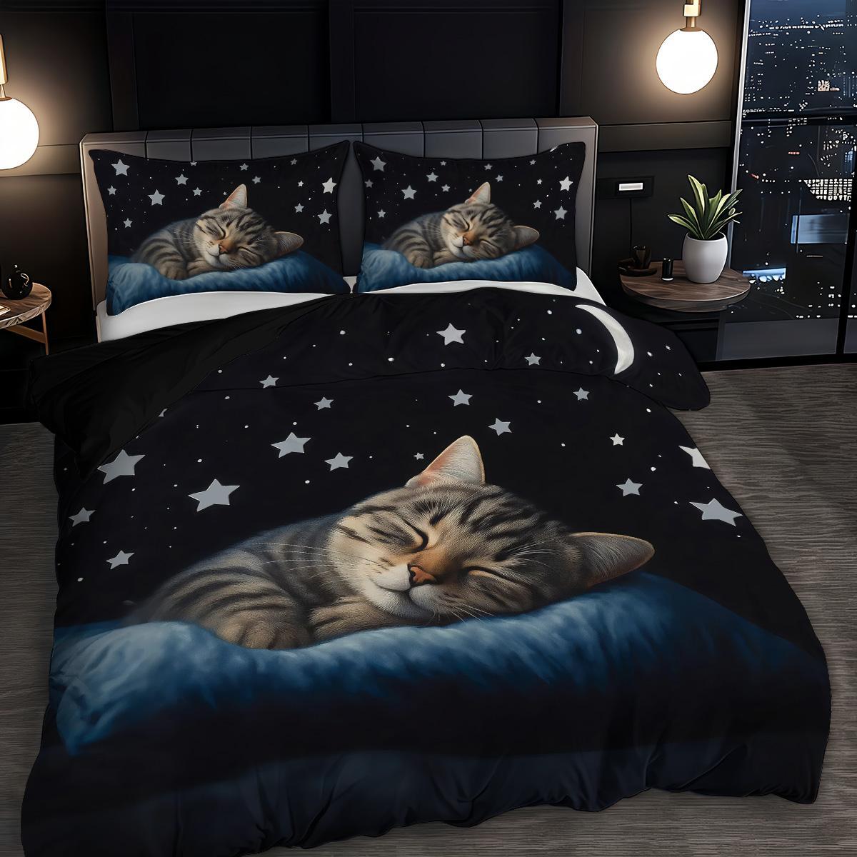 3pcs Cat sleeping pattern printed bedding set, 1 quilt cover and 2 pillowcases, breathable polyester fiber, suitable for all seasons, suitable for teenagers and adults' bedrooms, home decoration, Soft Bedding Set