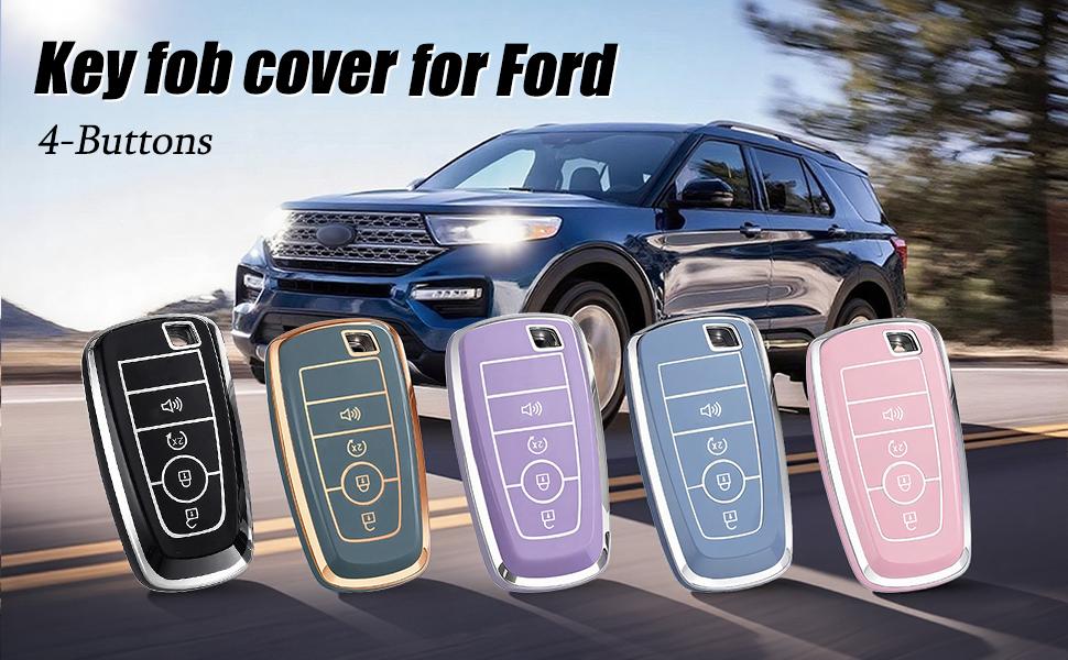 Key Fob Cover for Ford - Premium Soft TPU Shell Full Protection Case with Keychain, Fits Bronco Sport Maverick Ranger Explorer Expedition Escape Edge Mustang F150 F250 F350 Fusion, Pink 4-Button