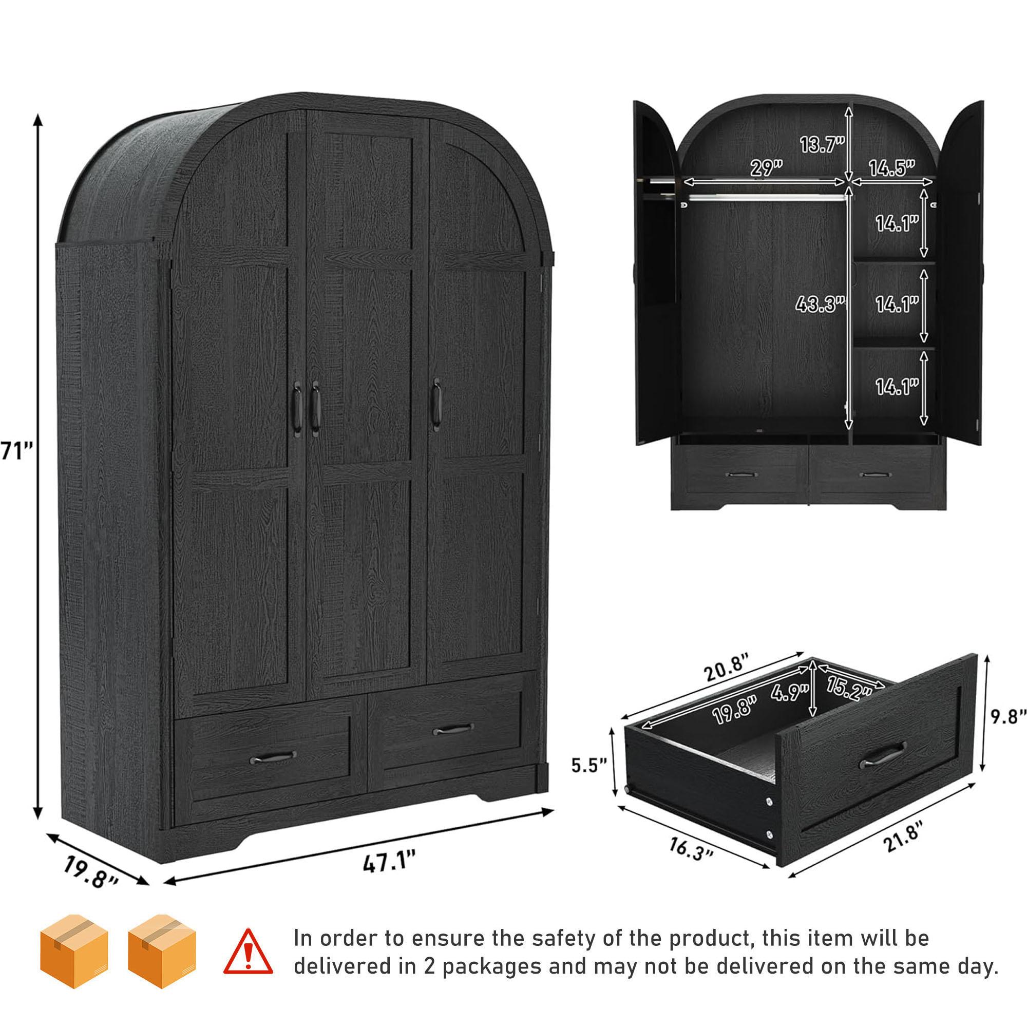 3 Doors Armoire Wardrobe Closet with Mirror and Lights, 71" Farmhouse Arched Wooden Wardrobe Cabinet with 2 Drawers,Hanging Rod, Clothing Storage Closet Cabinet for Bedroom,Light Rustic Oak/Black 3 Doors Armoire Wardrobe Closet with Mirror and Lights, 71" Farmhouse Arched Wooden Wardrobe Cabinet with 2 Drawers,Hanging Rod, Clothing Storage Closet Cabinet for Bedroom,Light Rustic Oak/Black